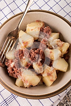 Homemade corned beef hash in a bowl