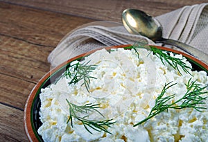 Homemade cottage cheese in a bowl on wooden table.