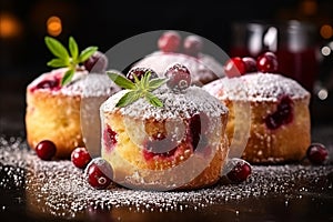 Homemade cranberry orange muffins on defocused kitchen background with copy space for text placement