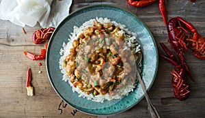 Homemade crawfish etouffee on a blue plate. Shown with whole boiled crawfish on a wood background. Directly overhead, copy space.