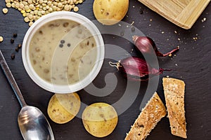 Homemade creamy brown lentil soup