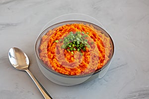 Homemade Creamy Mashed Sweet Potatoes with MIlk and Butter in a Bowl on a gray background, side view