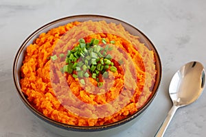 Homemade Creamy Mashed Sweet Potatoes with MIlk and Butter in a Bowl on a gray background, side view. Close-up