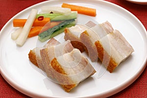 Homemade crispy roast pork belly with skin, Chinese Cantonese cuisine