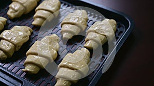 Homemade croissants. The croissant dough is arranged in an oven pan to put it in the oven