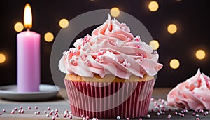 Homemade cupcake with pink icing, chocolate decoration, and candle generated by AI