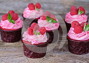 Homemade cupcakes with pink cream and raspberry