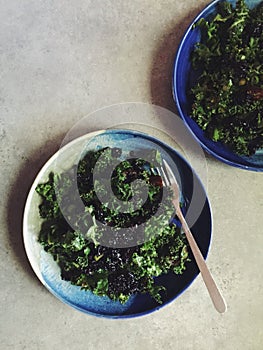 Homemade curly kale salad on stoneware/pottery plates, with fork