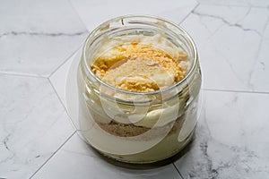 Homemade Custard Banana Pudding with Baby Biscuit Powder. Turkish Magnolia Dessert in Glass Bowl