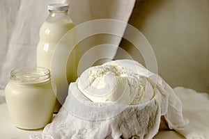 Homemade dairy products: cottage cheese, sour cream and milk on a white background. Style rustic.