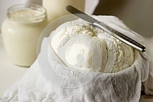 Homemade dairy products: cottage cheese, sour cream and milk on a white background. Style rustic.