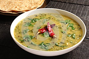 Homemade Dal curry and palak served with chapathi