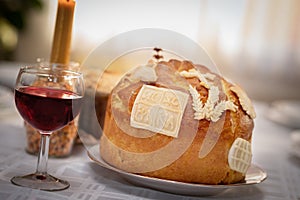 Homemade decorated ritual bread for Christian family patron saint day