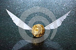 Golden Snitch Harry Potter Theme birthday cake decoration on a marble table photo