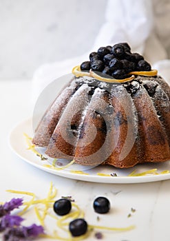 Homemade delicious and beautiful rustic Lemon Blueberry Cornmeal Cake served on a white plate