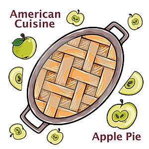 Homemade delicious fresh baked rustic apple pie on white background. American cuisine