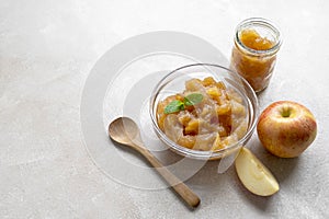 Homemade delicious fruit jam in glass bowl, copy space