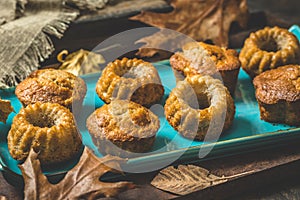 Homemade delicious mini bundt cakes on a blue plate on rustic wooden background with autumn decoration