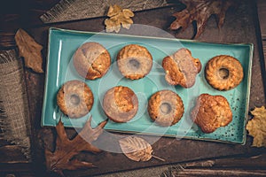Homemade delicious mini bundt cakes, guglhupf, muffins on a blue plate on rustic wooden background with autumn decoration