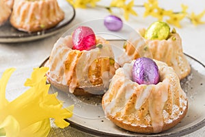 Homemade delicious mini lemon bundt cakes muffins with chocolate eggs on a table with spring blossoms