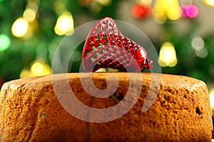 Homemade delicious plum cake on a Christmas background