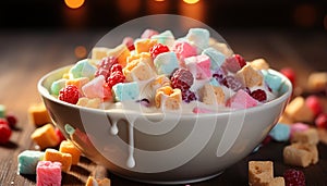 Homemade dessert bowl sweet, colorful, fresh fruit, indulgent, creamy, healthy generated by AI