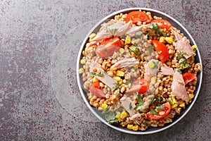 Homemade diet salad made from spelt, tuna, corn, tomatoes and herbs close-up in a plate. horizontal top view