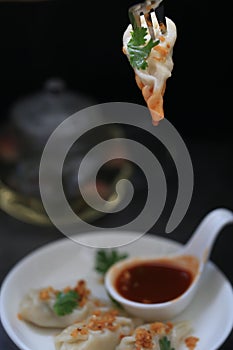 Homemade Dim sum top up with fried garlic and coriander on cement table background