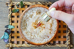 Homemade DIY skin scrub with epsom salt, honey and essential oils