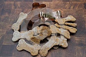 Homemade dog biscuits with cookie cutters.