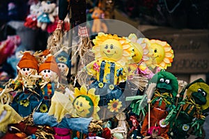 homemade dolls at Shrovetide. traditional Straw effigy, for the traditional Slavic holiday. stuffed with the head of the sun.