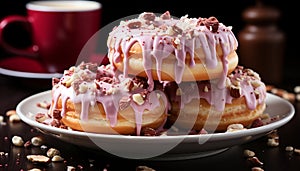 Homemade donut with chocolate icing on rustic wooden table generated by AI