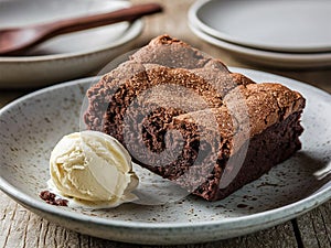 Homemade Double Chocolate Brownies Sundae with Vanilla Ice Cream on Top