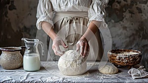 Homemade dough preparation in warmly lit kitchen with flour, milk, and caring hands photo
