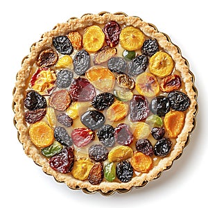 Homemade Dried Fruit Tart Flat Lay on White Background