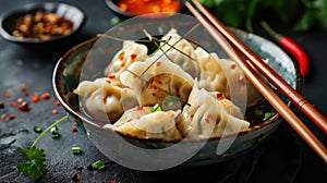 Homemade dumplings dim sum with stuffed shrimp close-up in a bamboo steamer box on the table. Horizontal top view from