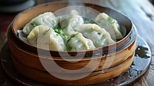 Homemade dumplings dim sum with stuffed shrimp close-up in a bamboo steamer box on the table. Horizontal top view from