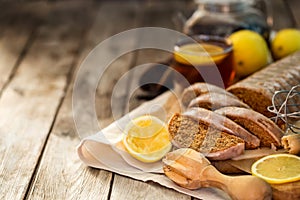 Cake with lemon icing background