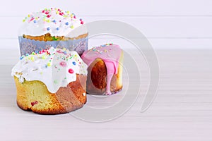 Homemade Easter cake and painted eggs on the table