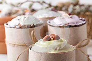 Homemade Easter cake and painted eggs on the table