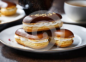 Homemade eclairs on a plate with a cup of tea