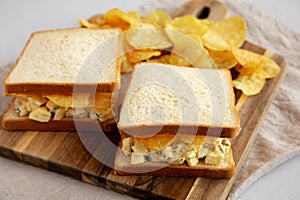 Homemade Egg Salad Sandwich with Potato Chips on a wooden board, side view