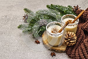 Homemade eggnog with cinnamon in glass. Typical Christmas dessert. Evergreen fir brunch, cones, cozy plaid, artificial snow. Stone