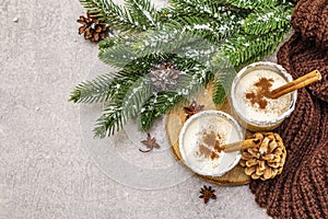 Homemade eggnog with cinnamon in glass. Typical Christmas dessert. Evergreen fir brunch, cones, cozy plaid, artificial snow. Stone