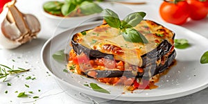 Homemade eggplant parmigiana a traditional Italian dish served on a white plate . Concept Italian