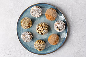 Homemade energy balls of dried fruits, nuts and oatmeal. Top view