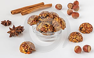Homemade energy and healthy sweets made from cereals, dried nuts, seeds, dried fruits and honey.