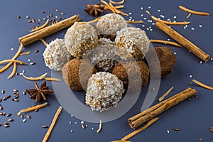 Homemade energy protein balls with  carrot, nuts, coconut flakes. Raw food desserts. Healthy vegetarian snack,  candies for