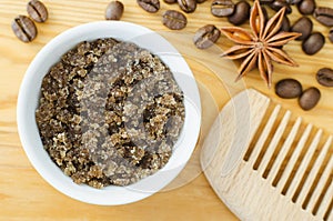 Homemade exfoliating foot and body aroma scrub with ground coffee, sugar and olive oil. Natural beauty treatment and spa