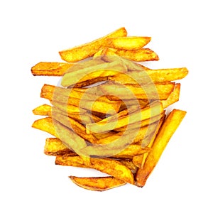 Homemade fast food portion of french fries isolated on white background, top view.